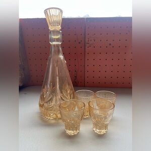 vintage iridescent tangerine Carnival glass decanter set
